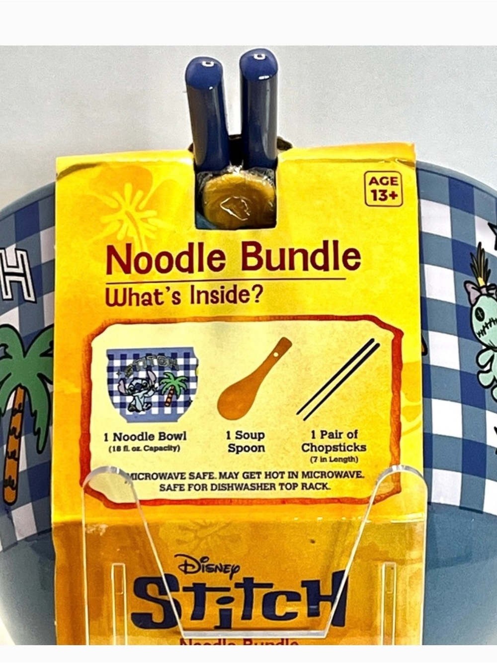 NWT Stitch Aloha Blue Checkered Bowl with Chopsticks - Picture 8 of 9
